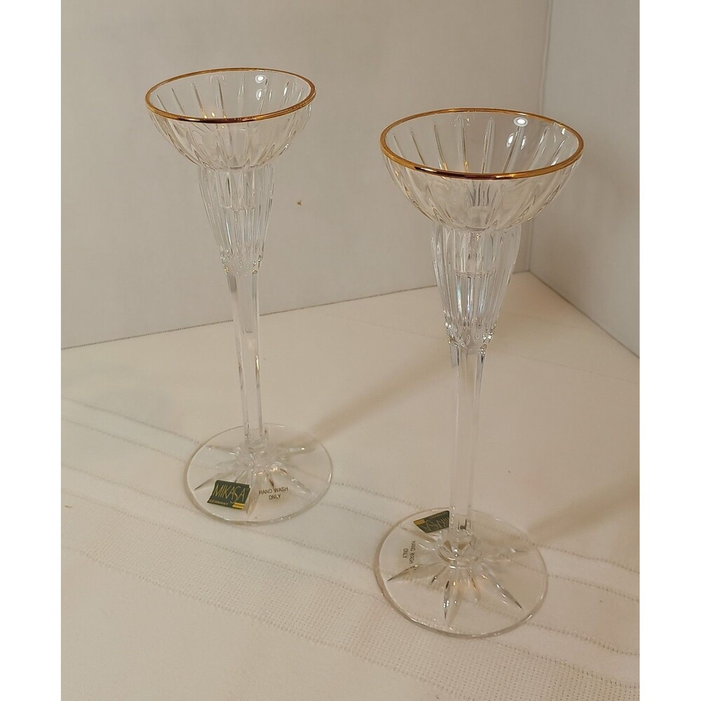 Y2K Mikasa Crystal Golden Tiara Gold Rim Candle Holders 8 3/4” Set of 2